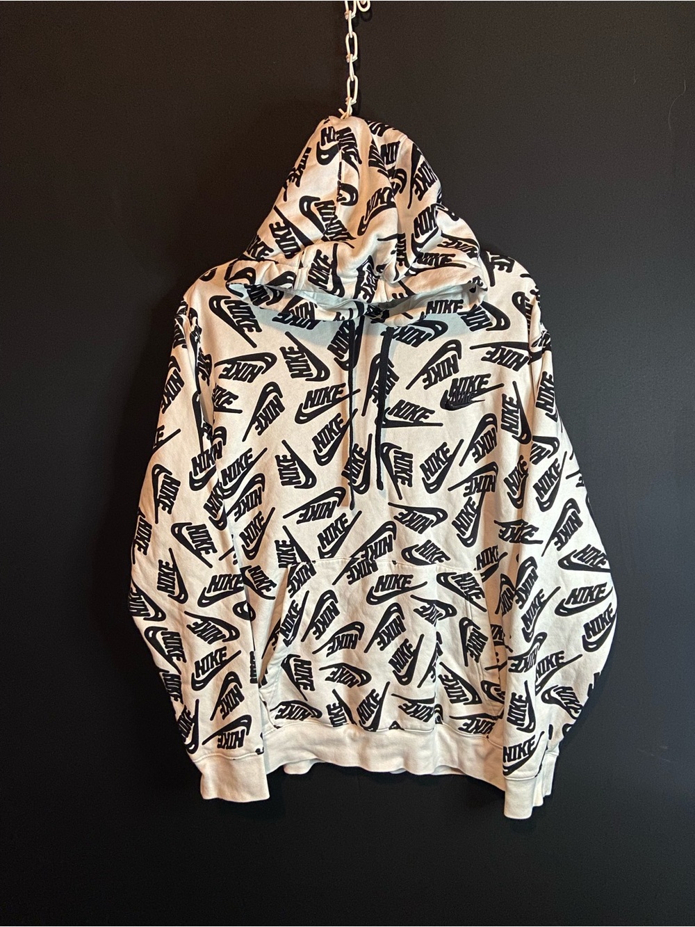 Nike Mens Large All Over Print Swoosh Futura Logo Hoodie White Black DV8152-100